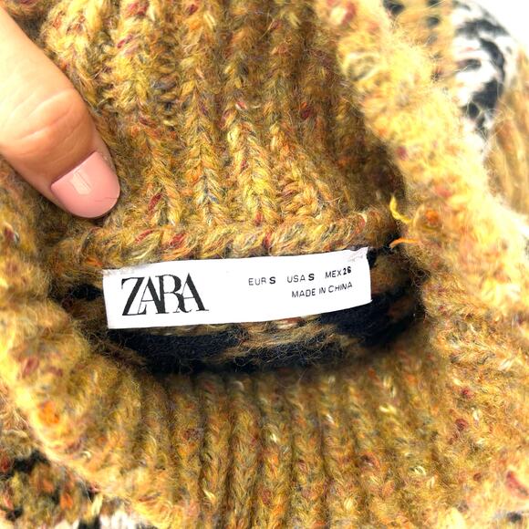 Zara Fair Isle Mustard Yellow Turtleneck Sparkle Holiday Sweater Small Wool - Picture 3 of 8